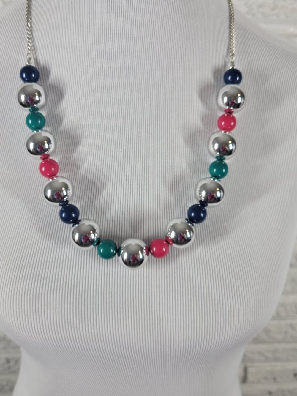 Chunky Silver Bead Necklace Colorful Pink Blue Teal Statement Fashion N31E